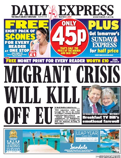 Daily Express Newspaper Front Page for 27 February 2016