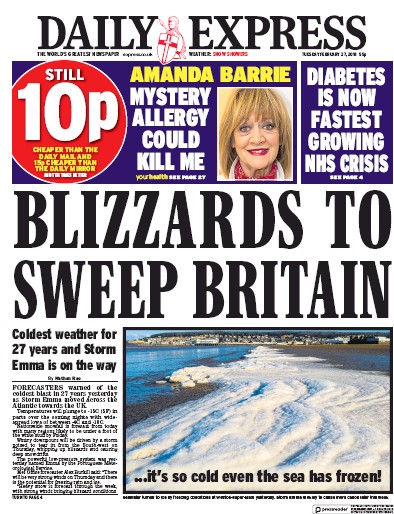 Daily Express Newspaper Front Page for 27 February 2018