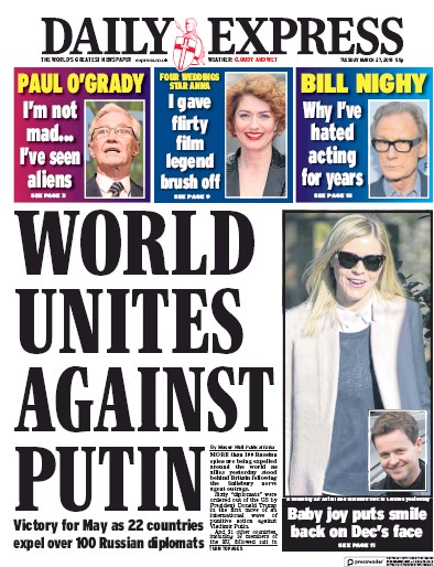 Daily Express Newspaper Front Page for 27 March 2018