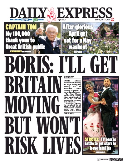 Daily Express Newspaper Front Page for 27 April 2020