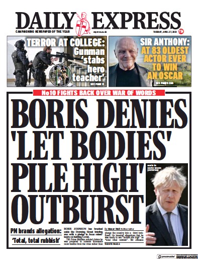Daily Express (UK) Newspaper Front Page for 27 April 2021