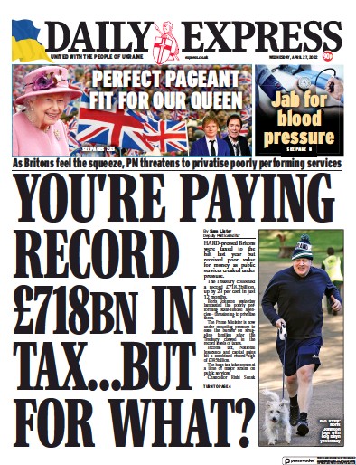 Daily Express Newspaper Front Page for 27 April 2022