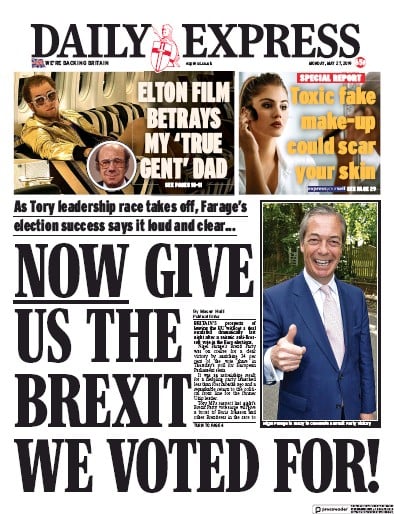 Daily Express Newspaper Front Page for 27 May 2019