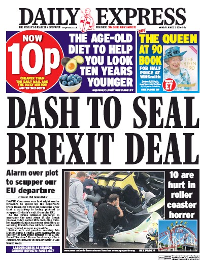 Daily Express Newspaper Front Page for 27 June 2016