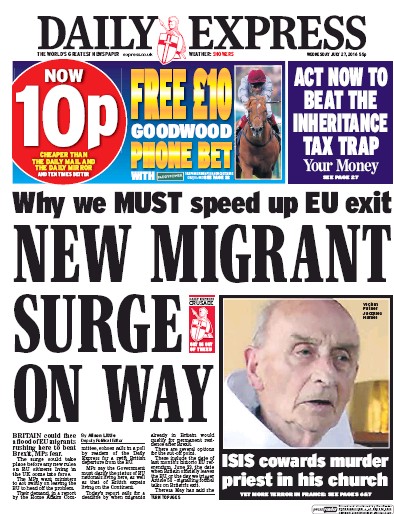 Daily Express Newspaper Front Page for 27 July 2016