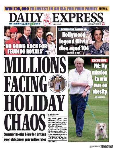 Daily Express Newspaper Front Page for 27 July 2020