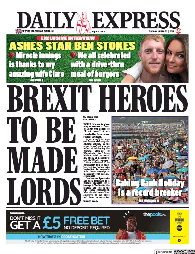 Daily Express Newspaper Front Page for 27 August 2019