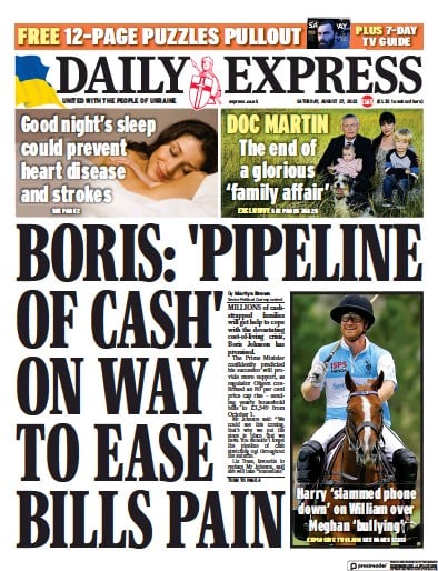 Daily Express (UK) Newspaper Front Page for 27 August 2022