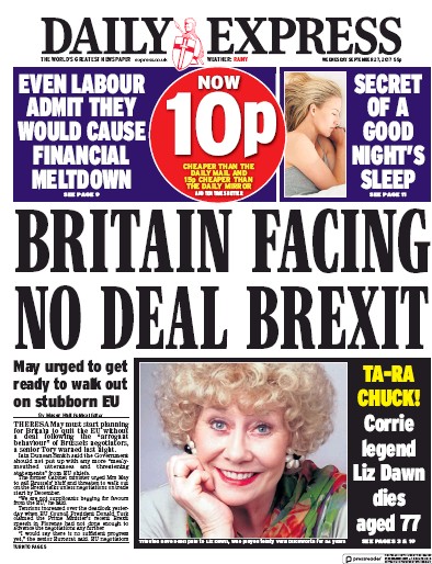 Daily Express Newspaper Front Page for 27 September 2017