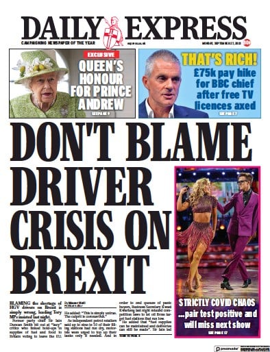 Daily Express (UK) Newspaper Front Page for 27 September 2021