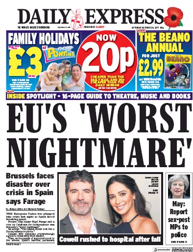 Daily Express Newspaper Front Page for 28 October 2017