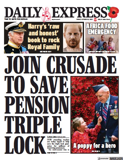 Daily Express Newspaper Front Page for 28 October 2022