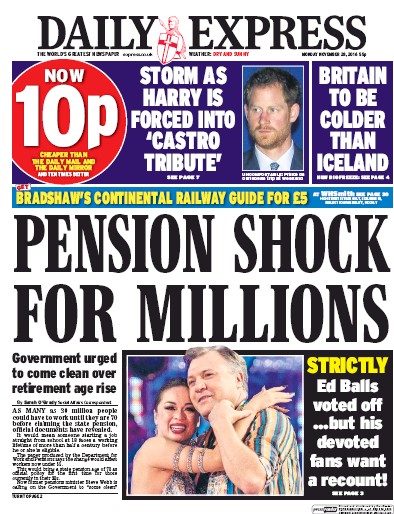 Daily Express Newspaper Front Page for 28 November 2016