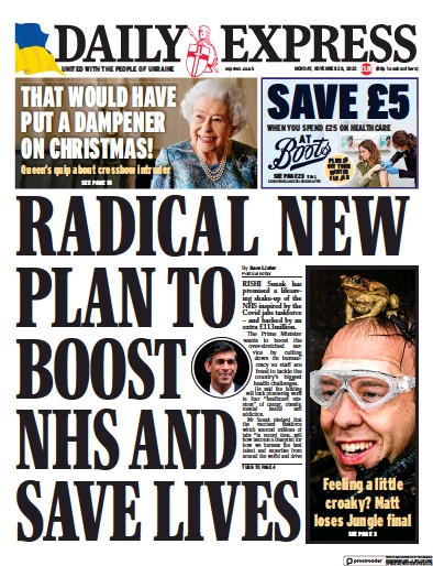 Daily Express (UK) Newspaper Front Page for 28 November 2022