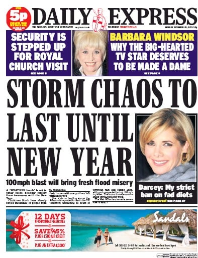 Daily Express Newspaper Front Page for 28 December 2015