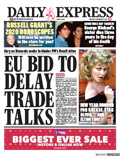 Daily Express Newspaper Front Page for 28 December 2019