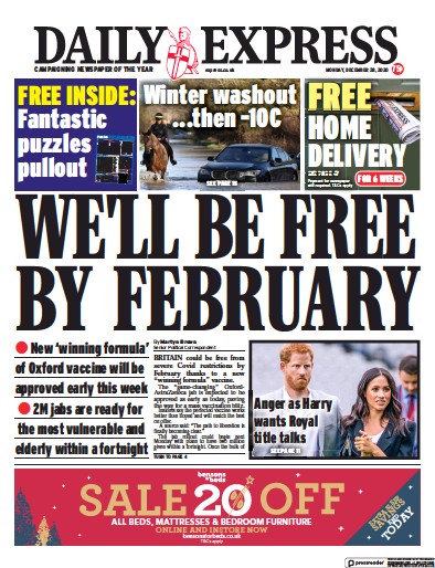 Daily Express Newspaper Front Page for 28 December 2020