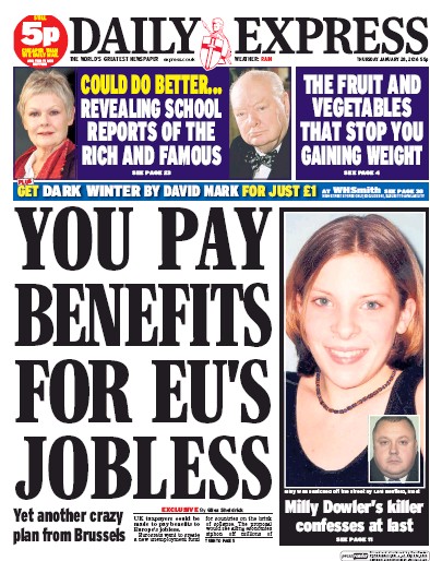 Daily Express Newspaper Front Page for 28 January 2016