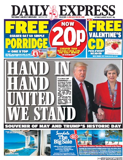 Daily Express Newspaper Front Page for 28 January 2017