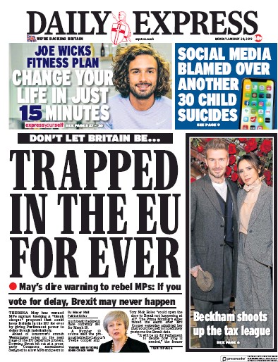 Daily Express Newspaper Front Page for 28 January 2019