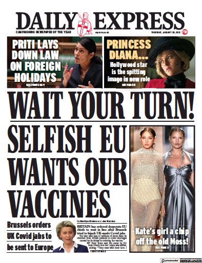 Daily Express (UK) Newspaper Front Page for 28 January 2021