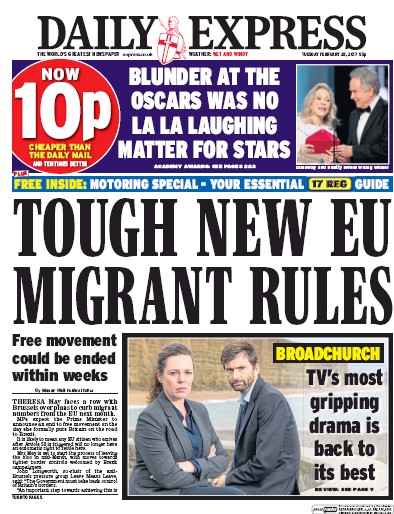 Daily Express Newspaper Front Page for 28 February 2017
