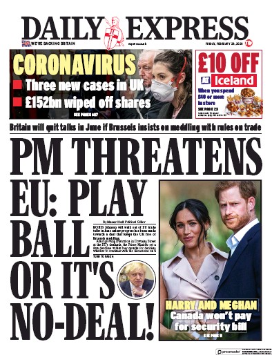 Daily Express Newspaper Front Page for 28 February 2020