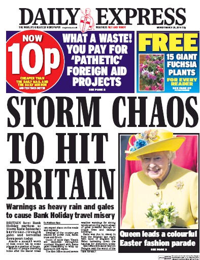 Daily Express (UK) Newspaper Front Page for 28 March 2016