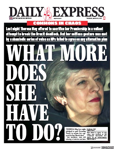 Daily Express Newspaper Front Page for 28 March 2019