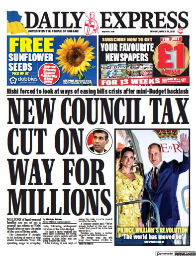 Daily Express Newspaper Front Page for 28 March 2022