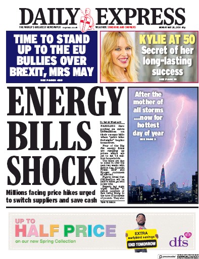 Daily Express (UK) Newspaper Front Page for 28 May 2018