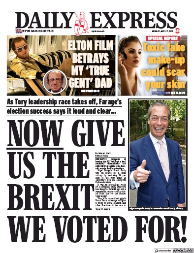 Daily Express Newspaper Front Page for 28 May 2019
