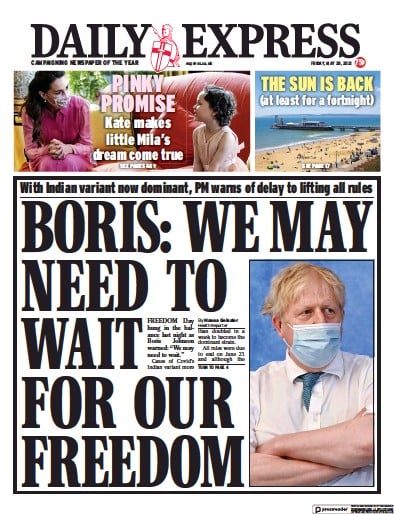 Daily Express Newspaper Front Page for 28 May 2021