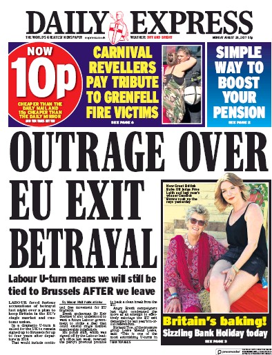 Daily Express (UK) Newspaper Front Page for 28 August 2017