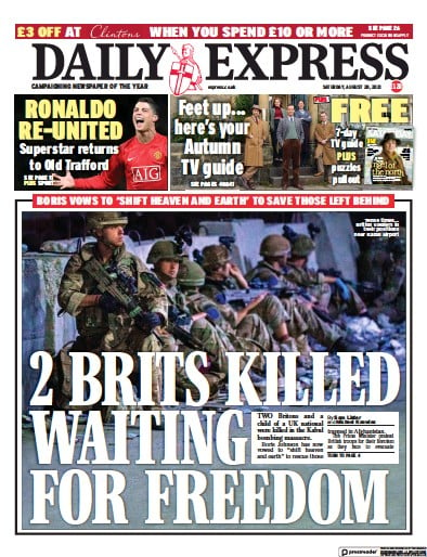 Daily Express (UK) Newspaper Front Page for 28 August 2021