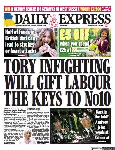 Daily Express (UK) Newspaper Front Page for 28 August 2023