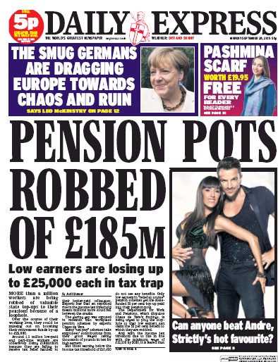 Daily Express Newspaper Front Page for 28 September 2015