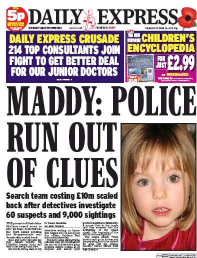 Daily Express Newspaper Front Page for 29 October 2015