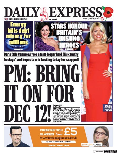 Daily Express Newspaper Front Page for 29 October 2019