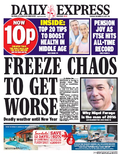 Daily Express (UK) Newspaper Front Page for 29 December 2016