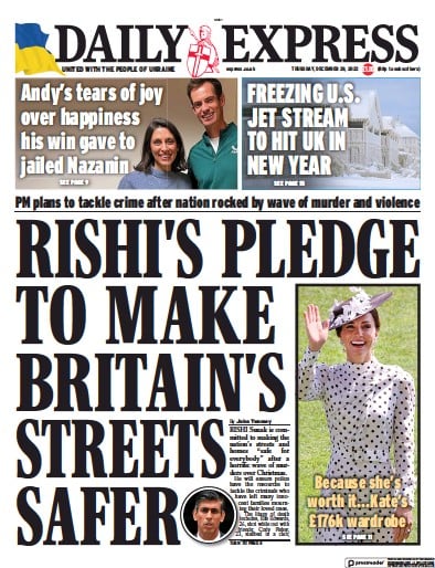 Daily Express Newspaper Front Page for 29 December 2022
