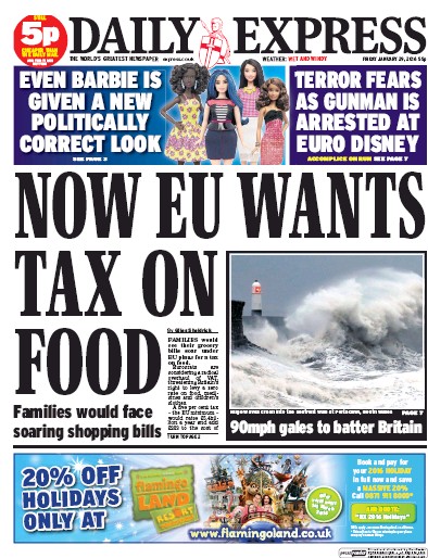 Daily Express Newspaper Front Page for 29 January 2016