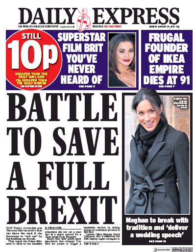 Daily Express Newspaper Front Page for 29 January 2018