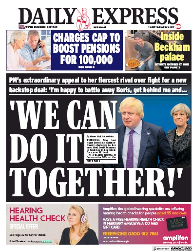 Daily Express (UK) Newspaper Front Page for 29 January 2019