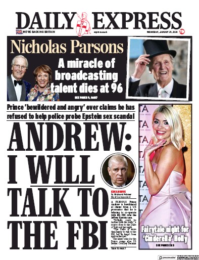 Daily Express Newspaper Front Page for 29 January 2020
