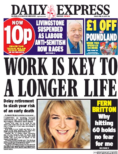 Daily Express (UK) Newspaper Front Page for 29 April 2016