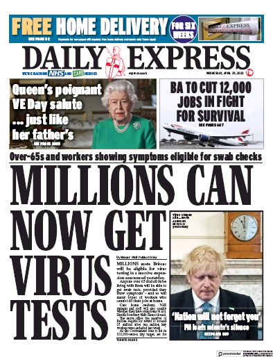 Daily Express Newspaper Front Page for 29 April 2020