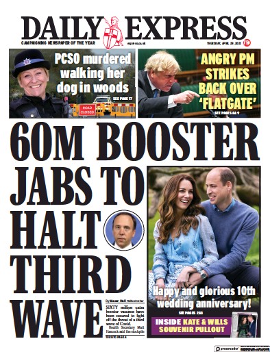 Daily Express (UK) Newspaper Front Page for 29 April 2021