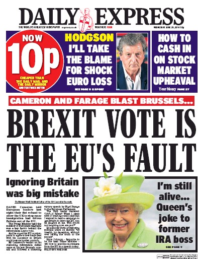 Daily Express Newspaper Front Page for 29 June 2016