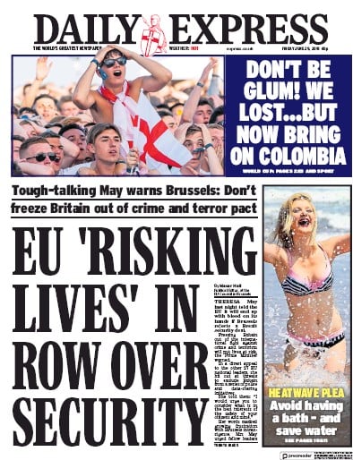 Daily Express (UK) Newspaper Front Page for 29 June 2018